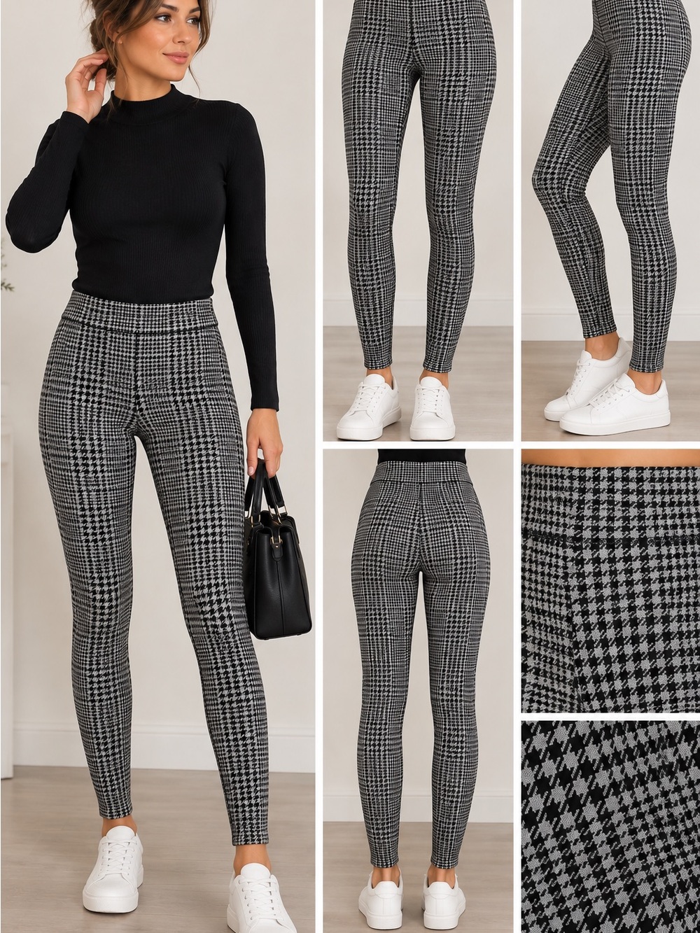 High-Rise Black & White Houndstooth Ponte Leggings
